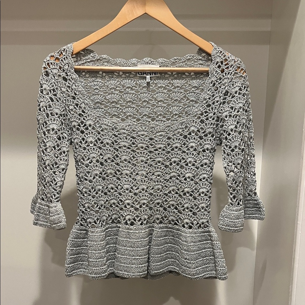 Ganni Macrame Square-Neck Peplum Top